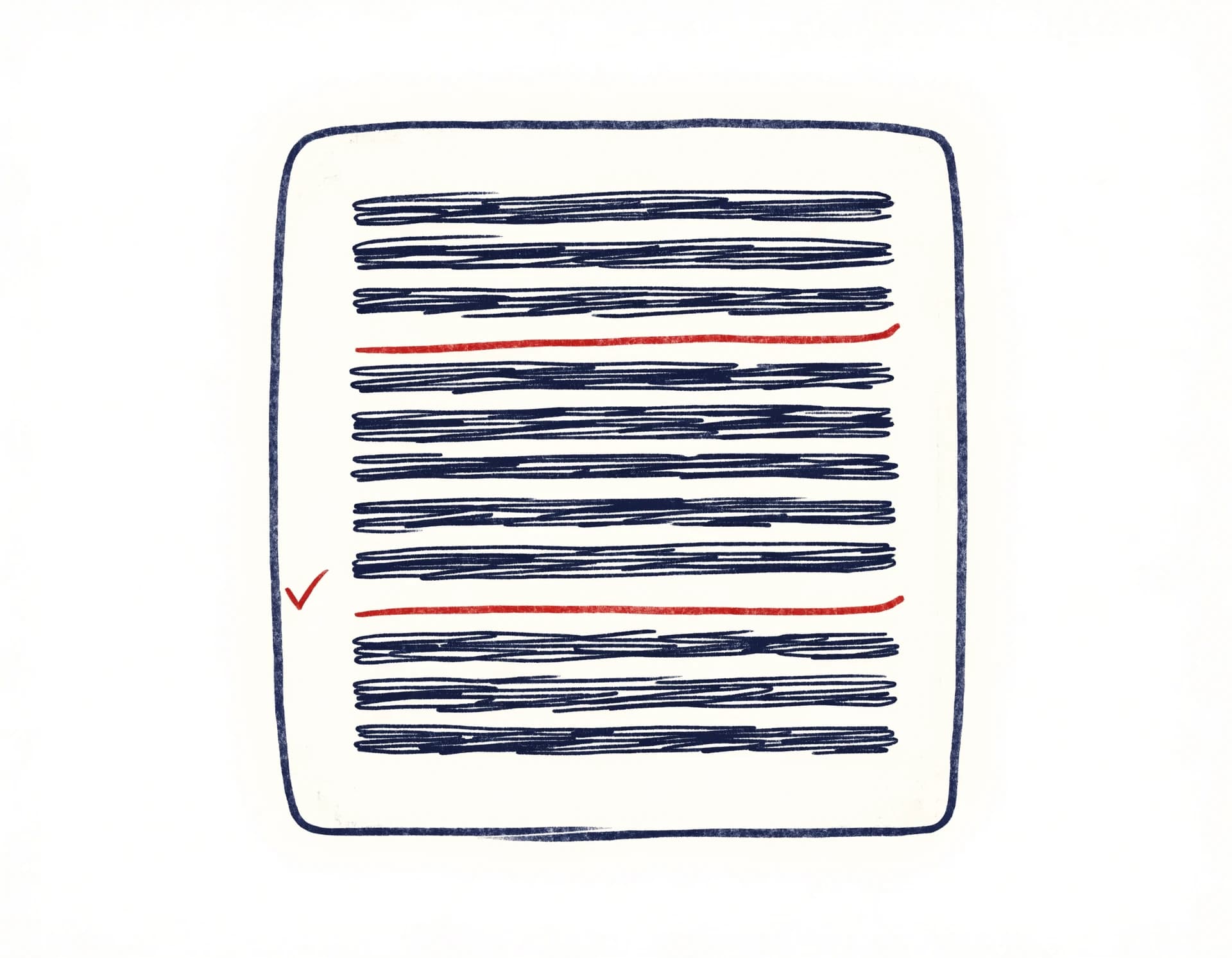 Flat editorial illustration of a manuscript page with sentences underlined in red pen and a red margin check tick — the per-sentence AI-risk X-ray