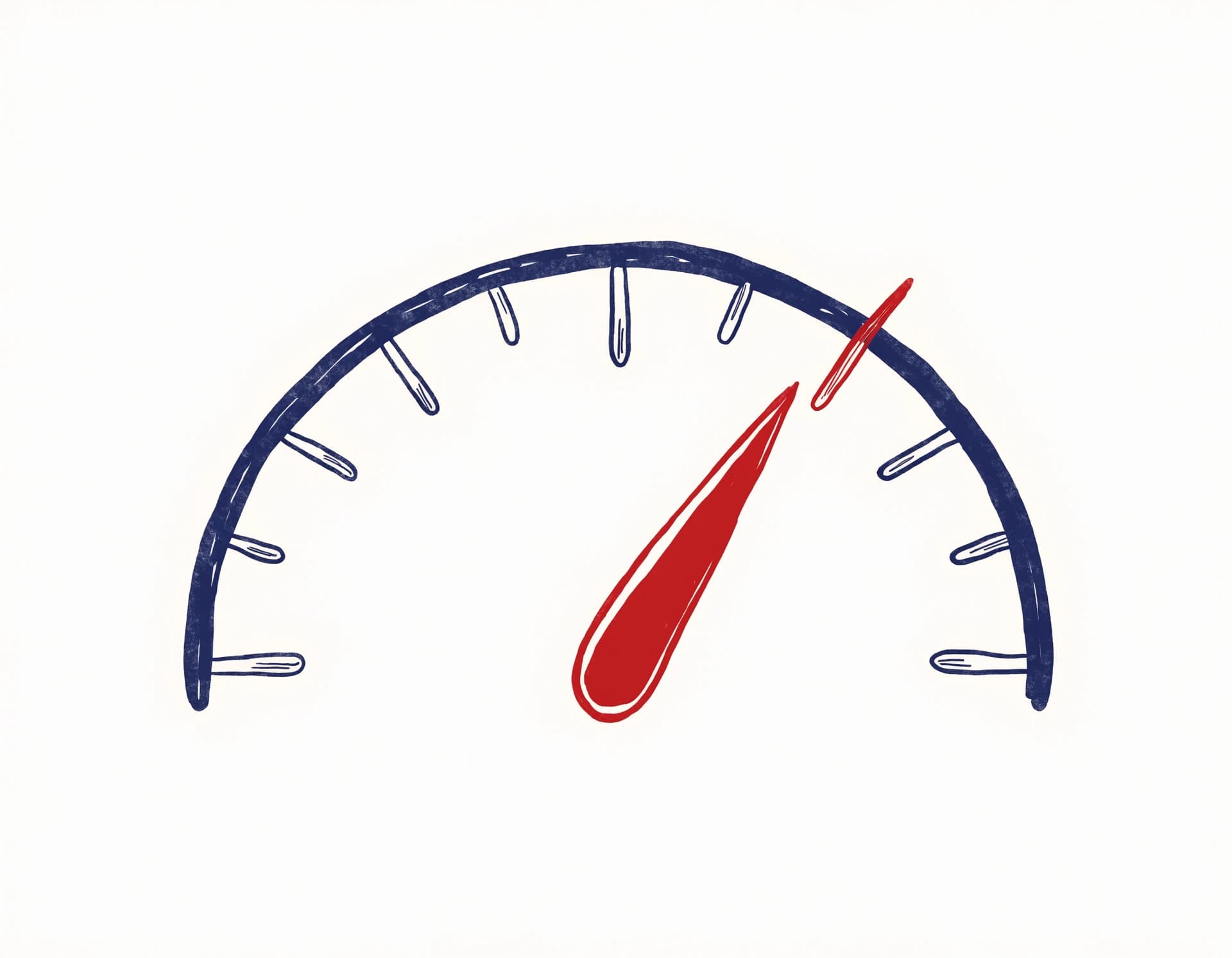 Flat editorial illustration of a semicircular AI-risk score gauge with an Oxford-blue dial and a red-pen needle