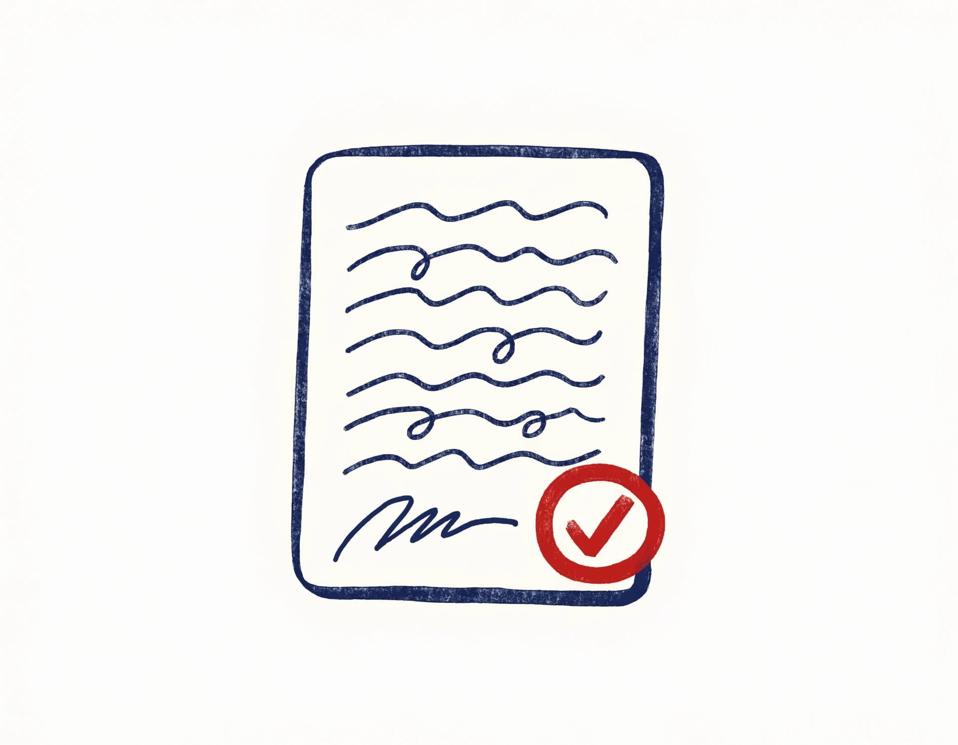 Flat editorial illustration of a proof-of-authorship document with a signature flourish and a red-pen circular approval stamp